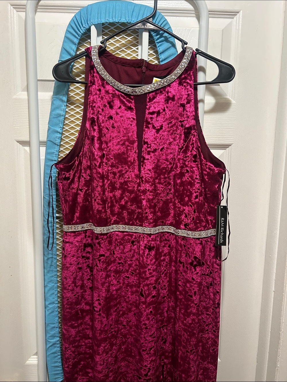 R&M Richards Fuchsia Velvet Evening Dress with Rhinestone Trim